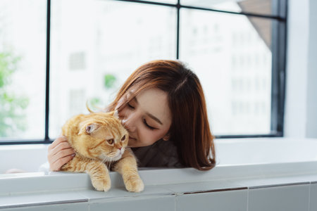 Happy Asian woman owner cute cat playful in a home. Friendship of pet and human people lifestyle.の写真素材