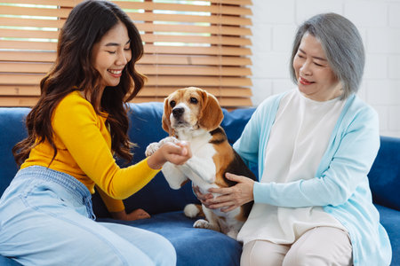 Happy asian senior woman retirement and daughter enjoying her dog pet in the home, Friendship pet and human lifestyle concept.の写真素材