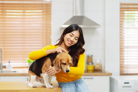 Happy asian woman enjoying her dog pet in the home, Friendship pet and human lifestyle concept.の写真素材