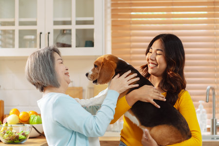 Happy asian senior woman retirement and daughter enjoying her dog pet in the home, Friendship pet and human lifestyle concept.の写真素材