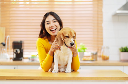 Happy asian woman enjoying her dog pet in the home, Friendship pet and human lifestyle concept.の写真素材