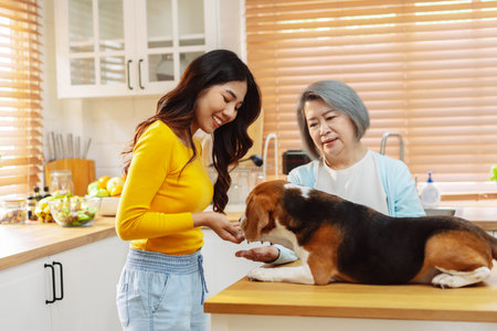 Happy asian senior woman retirement and daughter enjoying her dog pet in the home, Friendship pet and human lifestyle concept.の写真素材