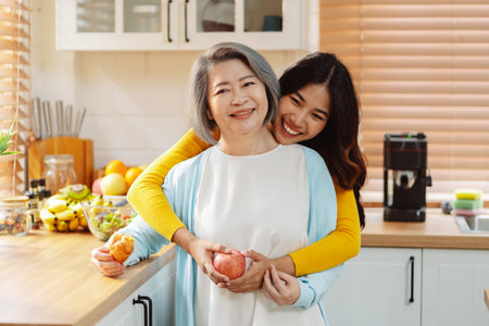 Happy asian woman daughter hugging senior mother in the kitchen room eating healthy food happy enjoying.の写真素材