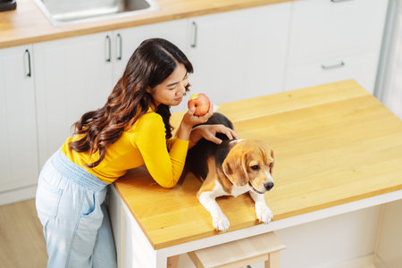 Happy asian woman enjoying her dog pet in the home, Friendship pet and human lifestyle concept.の写真素材