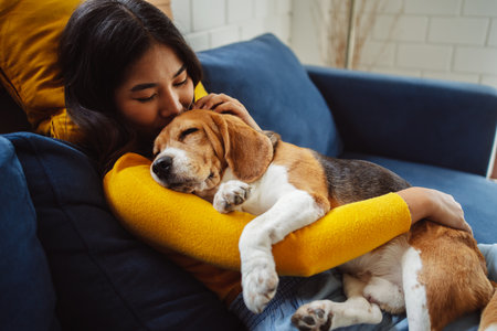 Happy asian woman enjoying her dog pet in the home, Friendship pet and human lifestyle concept.の写真素材