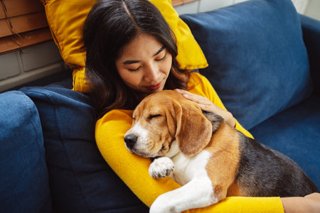 Happy asian woman enjoying her dog pet in the home, Friendship pet and human lifestyle concept.の写真素材