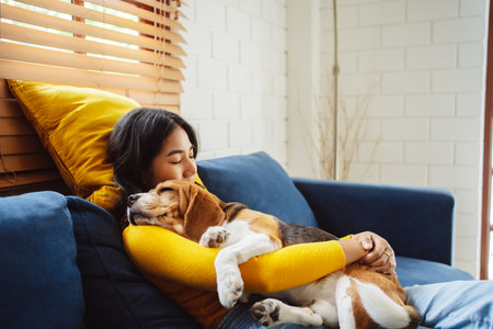 Happy asian woman enjoying her dog pet in the home, Friendship pet and human lifestyle concept.の写真素材