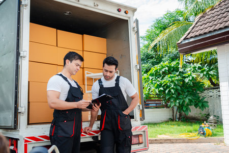 Unloading boxes and furniture from a pickup truck to a new house with service cargo two men movers worker in uniform lifting boxes. concept of Home moving and delivery.の写真素材
