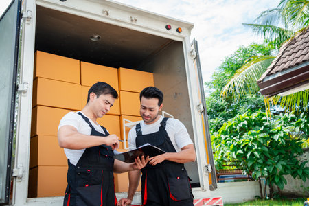 Unloading boxes and furniture from a pickup truck to a new house with service cargo two men movers worker in uniform lifting boxes. concept of Home moving and delivery.の写真素材
