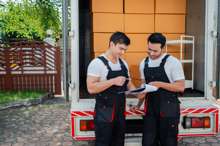 Unloading boxes and furniture from a pickup truck to a new house with service cargo two men movers worker in uniform lifting boxes. concept of Home moving and delivery.の写真素材