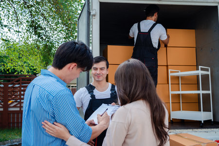 Asian Couple check while unloading boxes and furniture from a pickup truck to a new house with service cargo two men movers worker in uniform lifting boxes. concept of Home moving and delivery.の写真素材