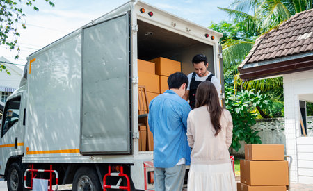 Asian Couple check while unloading boxes and furniture from a pickup truck to a new house with service cargo two men movers worker in uniform lifting boxes. concept of Home moving and delivery.の写真素材