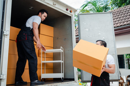 Unloading boxes and furniture from a pickup truck to a new house with service cargo two men movers worker in uniform lifting boxes. concept of Home moving and delivery.の写真素材