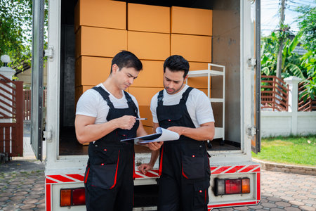 Unloading boxes and furniture from a pickup truck to a new house with service cargo two men movers worker in uniform lifting boxes. concept of Home moving and delivery.の写真素材