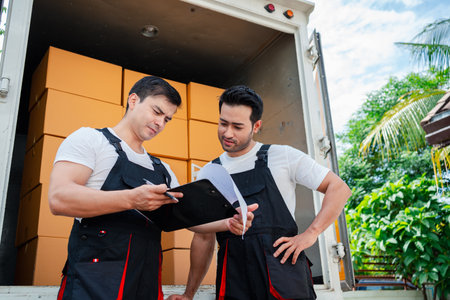 Unloading boxes and furniture from a pickup truck to a new house with service cargo two men movers worker in uniform lifting boxes. concept of Home moving and delivery.の写真素材
