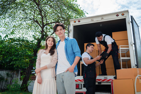 Asian Couple check while unloading boxes and furniture from a pickup truck to a new house with service cargo two men movers worker in uniform lifting boxes. concept of Home moving and delivery.の写真素材
