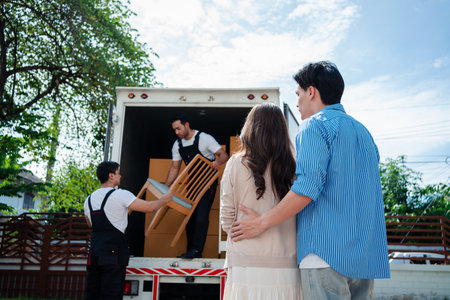 Asian Couple check while unloading boxes and furniture from a pickup truck to a new house with service cargo two men movers worker in uniform lifting boxes. concept of Home moving and delivery.の写真素材
