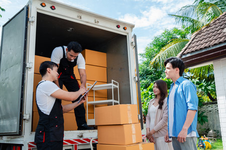 Asian Couple check while unloading boxes and furniture from a pickup truck to a new house with service cargo two men movers worker in uniform lifting boxes. concept of Home moving and delivery.の写真素材