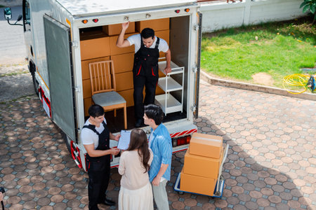 Asian Couple check while unloading boxes and furniture from a pickup truck to a new house with service cargo two men movers worker in uniform lifting boxes. concept of Home moving and delivery.の写真素材
