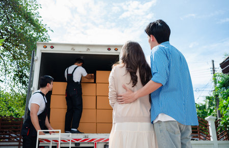 Asian Couple check while unloading boxes and furniture from a pickup truck to a new house with service cargo two men movers worker in uniform lifting boxes. concept of Home moving and delivery.の写真素材