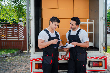 Unloading boxes and furniture from a pickup truck to a new house with service cargo two men movers worker in uniform lifting boxes. concept of Home moving and delivery.の写真素材
