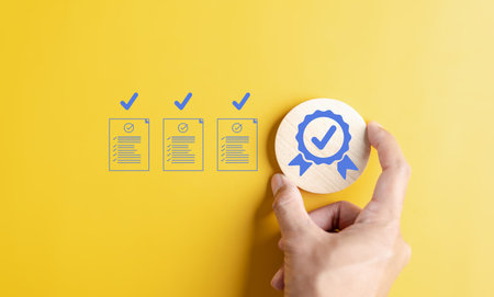 Quality Certificate and Checklist document analyst target marketing planning assignment with quality management. Standardization, certification. Compliance to regulations service and standards.の写真素材