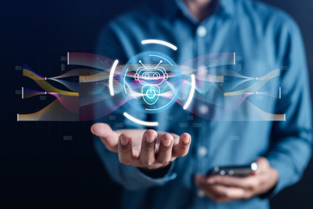 Businessman using ai technology. chat bot with AI Artificial Intelligence generate. Futuristic technology, robot in online system. Business in future to invest and develop corporate conceptの写真素材