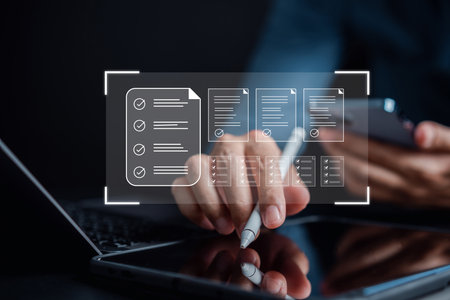Online survey and digital form checklist by laptop computer, Document Management Checking System, online documentation database and process manage files.の写真素材