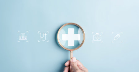 Health insurance concept. people magnifier holding plus and healthcare medical icon, health and access to welfare health concept.の写真素材