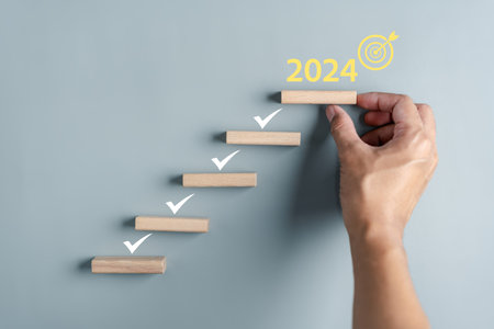 Ladder Steps to New year 2024 and countdown merry christmas and happy new year, Planning and challenge strategy in new year 2024 Concept.の写真素材