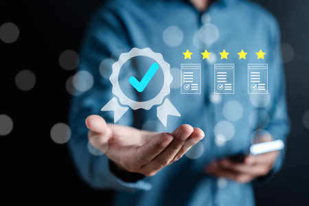 Quality Certificate and Checklist document analyst target marketing planning assignment with quality management. Standardization, certification. Compliance to regulations service and standards.の写真素材