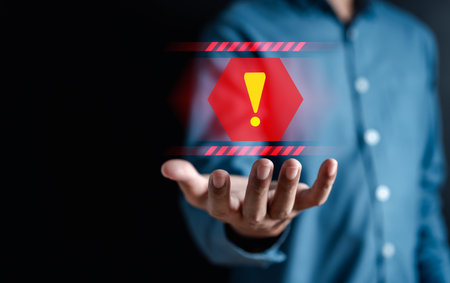 System warning caution sign for notification error and maintenance concept. cyber attack on computer network. Cybersecurity vulnerability, data breach, illegal connection, compromised information.の写真素材
