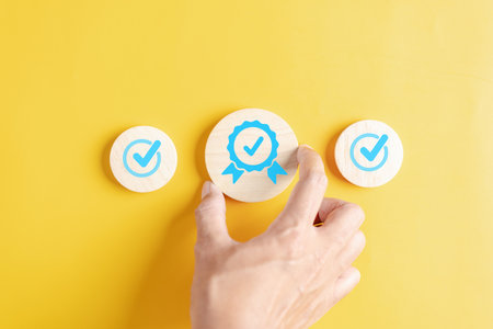 Quality Certificate and Checklist analyst target marketing planning assignment with quality management. Standardization, certification. Compliance to regulations service and standards.の写真素材