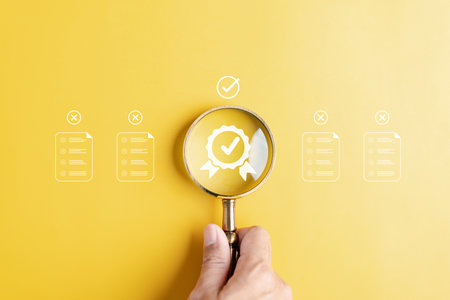 Quality Certificate and Checklist document analyst target marketing planning assignment with quality management. Standardization, certification. Compliance to regulations service and standards.の写真素材