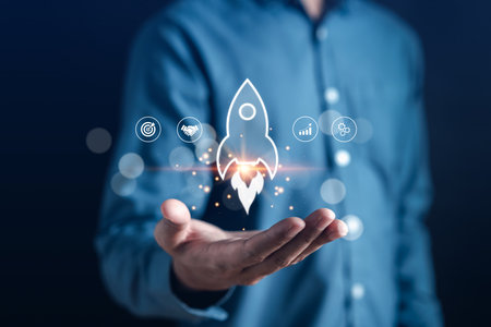 Embarking on a business journey of a rocket icon, accelerate towards our goals, rapid startup momentum. sights are set on achieving success, forward with determination and innovationの写真素材