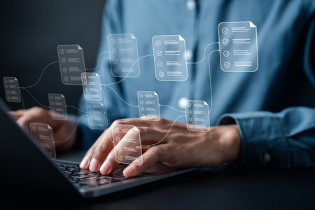 Online Inspector Document Node Planning and digital form checklist by laptop computer, Document Management Checking System, online documentation database and process manage file on networking big dataの写真素材