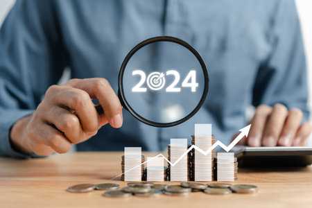 Happy New year 2024 Budget management accounting with chart graph and countdown merry christmas and happy new year, Planning and challenge strategy business in new year 2024 Concept.の写真素材