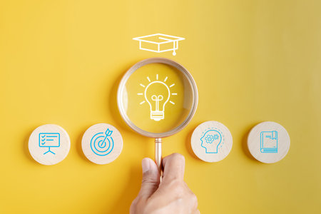 Focus to Light Bulb with learning education and graduation concept. study knowledge to creative thinking idea and problem solving solution, E-learning online education course degree certificateの写真素材