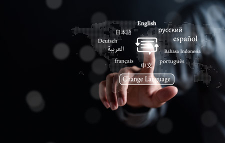 Businessman touching to virtual translation or translate on the mobile app worldwide language...