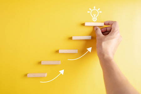 Steps ladder to thinking idea. Target solution target, successful business and thinking solution strategy concept.の写真素材