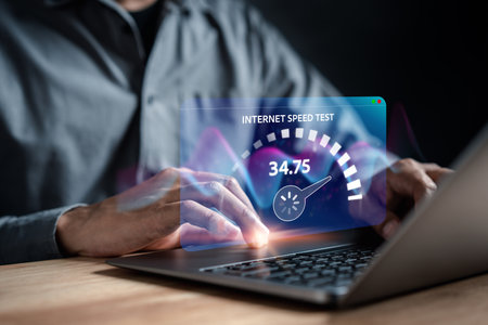 Fast internet connection speedtest bandwidth network technology, Man using smartphone with Internet high speed by smartphone 5G quality, speed optimization.の写真素材