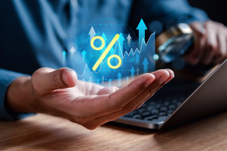 Business hand holding percentage symbol with world virtual, global financial banking increase...