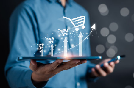 E-commerce and Online Shopping Retail Shop Concept. Man using online internet to buying product or business fast shipping delivery to customer.の写真素材