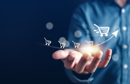 E-commerce and Online Shopping Retail Shop Concept. Man using online internet to buying product or business fast shipping delivery to customer.の写真素材