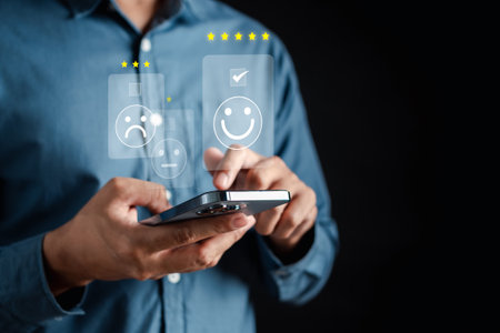 Experience of Customer and User give rating on online service on application smartphone, Satisfaction feedback and review give best quality good product survey ranking in top online business.の写真素材