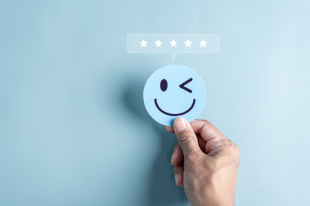 Experience of Customer and User give rating on online service, Satisfaction feedback and review give best quality good product survey ranking in top online business.の写真素材