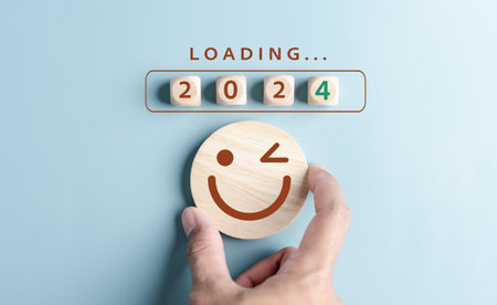 Happiness smile of Loading progress from 2023 to 2024 to countdown merry christmas and happy new year, Planning and challenge strategy in new year 2024 Concept.の写真素材