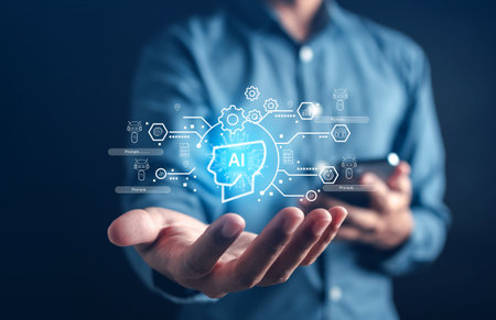 Businessman using chat ai in computer smart intelligence Ai. Chat with AI Artificial Intelligence, developed and generate. Futuristic technology, robot in online system.の写真素材