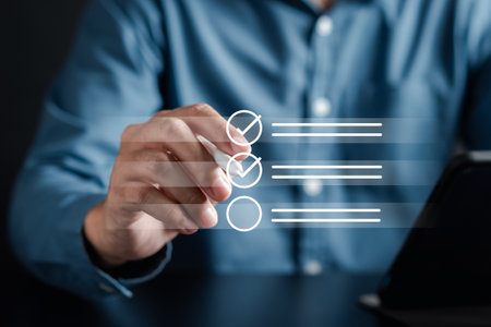 Online survey filling out and digital form checklist quality check improvement. Standardization, certification. Compliance to regulations service and standards.の写真素材