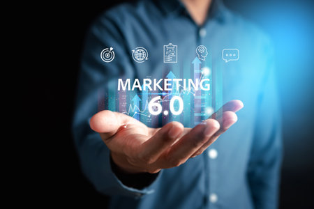 Businessman with Marketing 6.0 on digital business using ai tech and data analytics with IOT Connecting blockchain online marketing strategy planning concept.の写真素材